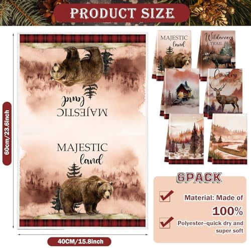 6 Pcs Wildlife Kitchen Towels 16 x 24 Inch Rustic Forest Animals Hand Towels Moose Dish Cloths Bear Deer Cabin Tea Absorbent Dishcloth for Kitchen Bathroom Woodland Wild Life Decor