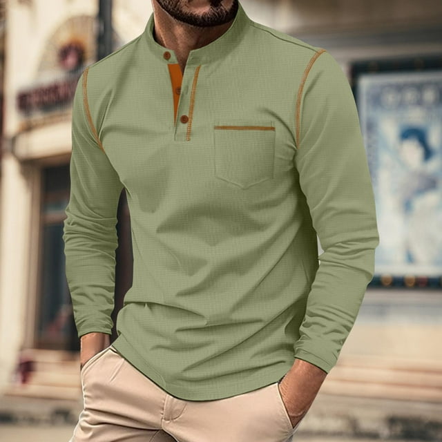 Men's Long Sleeve Stand Collar Button Up Casual Shirt - Color Block Design for Daily Wear