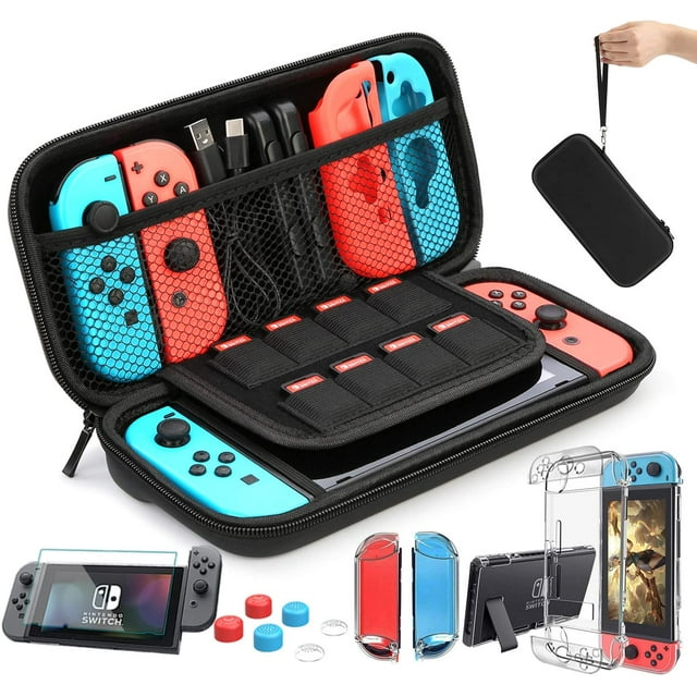 Étui pour Switch Compatible avec Nintendo Switch, Trousse d'Accessoires Switch 9 en 1 avec Étui de Transport à 8 Pochettes, Étui de Protection PC, Protecteur d'Écran HD pour Switch et Ensemble de 6 Capuchons de Prises de Pouce, Noir