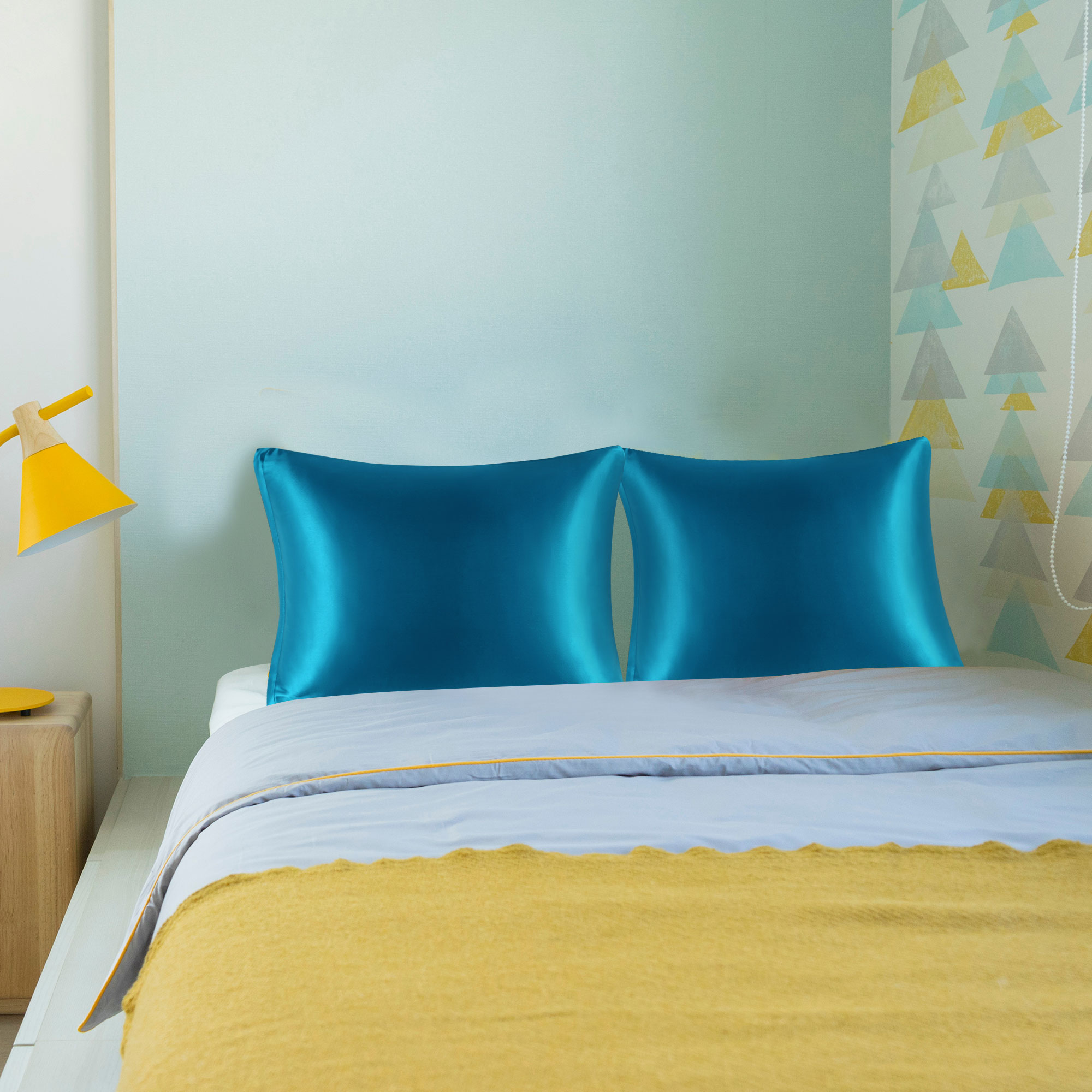 Unique Bargains Satin Set of 2 Zipper Closure Pillowcases Peacock Blue 14"x20"