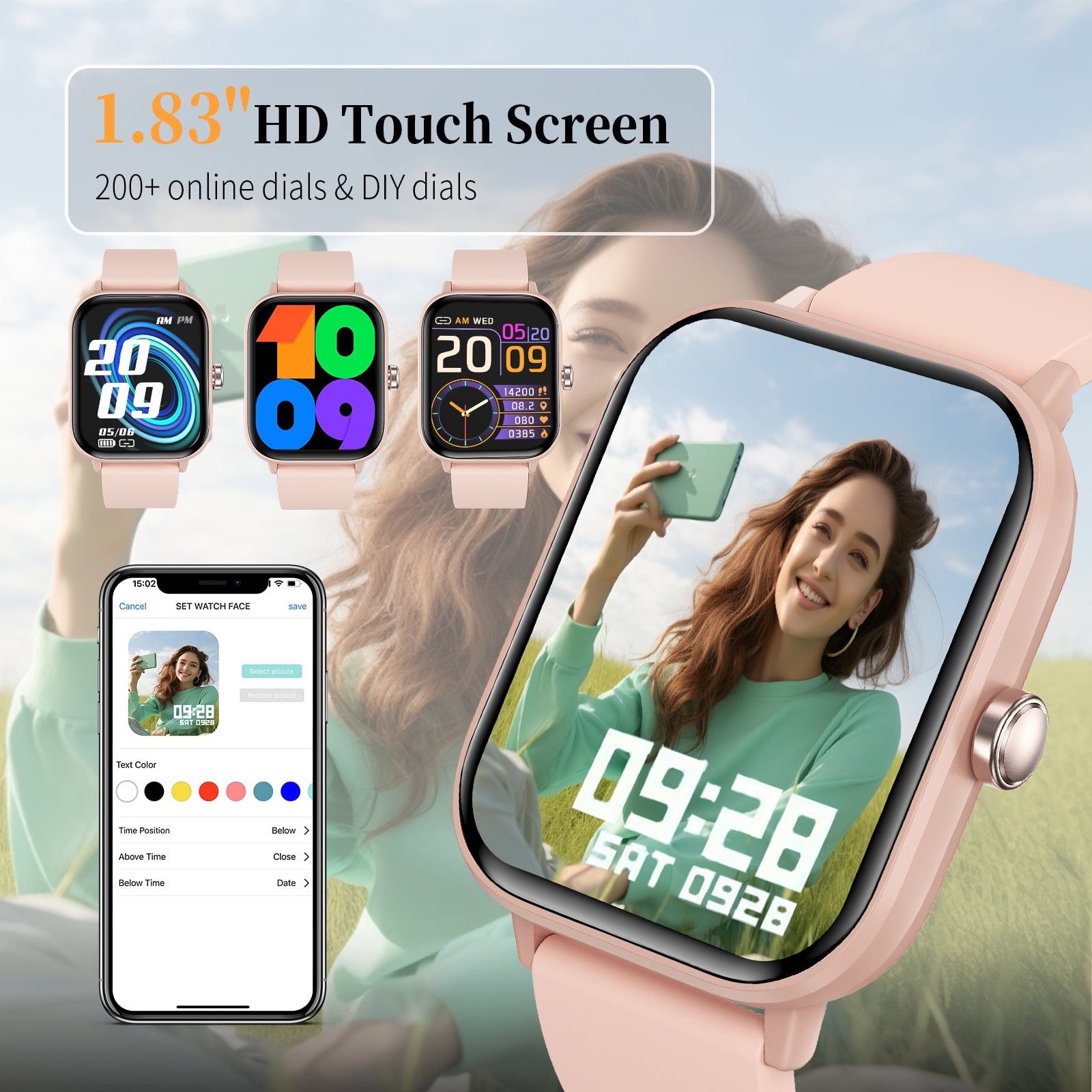 1.83" Smart Watch for Women Men, Make/Answer Calls with Fitness and Wellness Tracking 100+ Sports Modes Step Calorie Counter IP67 Waterproof for Android and iPhone