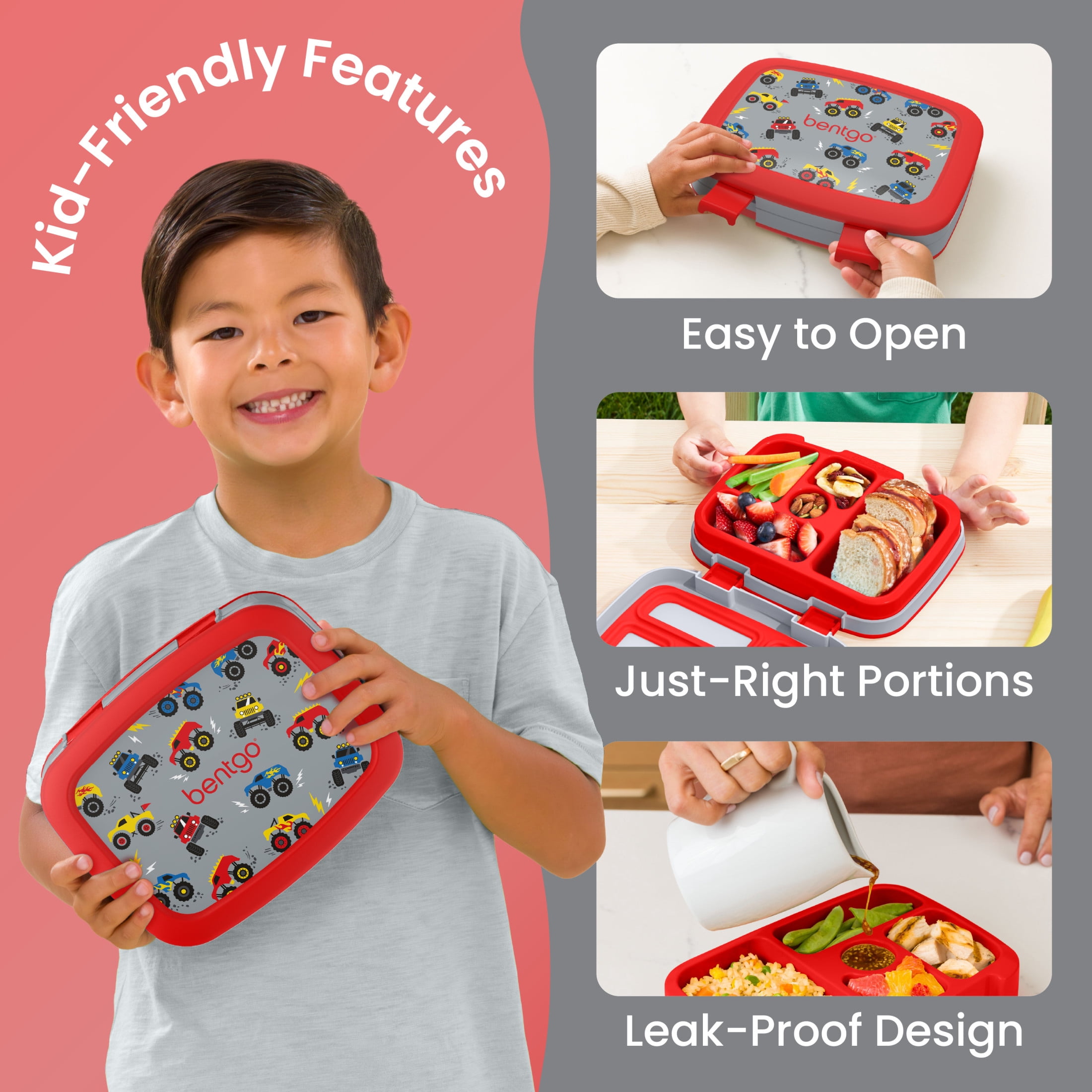 Bentgo Kids Prints Leak-Proof, 5-Compartment Bento-Style Kids Lunch Box - Ideal Portion Sizes for Ages 3-7, Durable, Drop-Proof, Dishwasher Safe, PFAS- & BPA-Free Materials (Trucks)