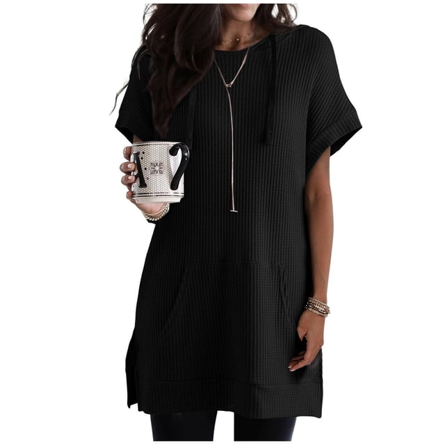 FcBaudy Hauts pour Femmes, Blouse à Manches Courtes avec Capuche Mode Décontractée pour Femmes Couleur Unie Poches Haut à Manches Courtes avec Capuche Fendu Blouses Mi-Longues pour Femmes Blouse