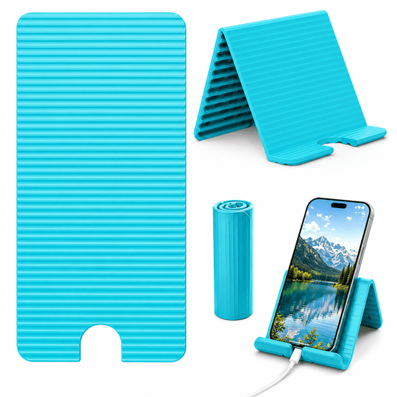 Rongyun Flexible Silicone Phone Stand with Aluminum Core, Foldable Anti-Slip Holder with Charging Hole, Rollable Multi-Angle Mount for Office, Kitchen & Streaming (Blue)