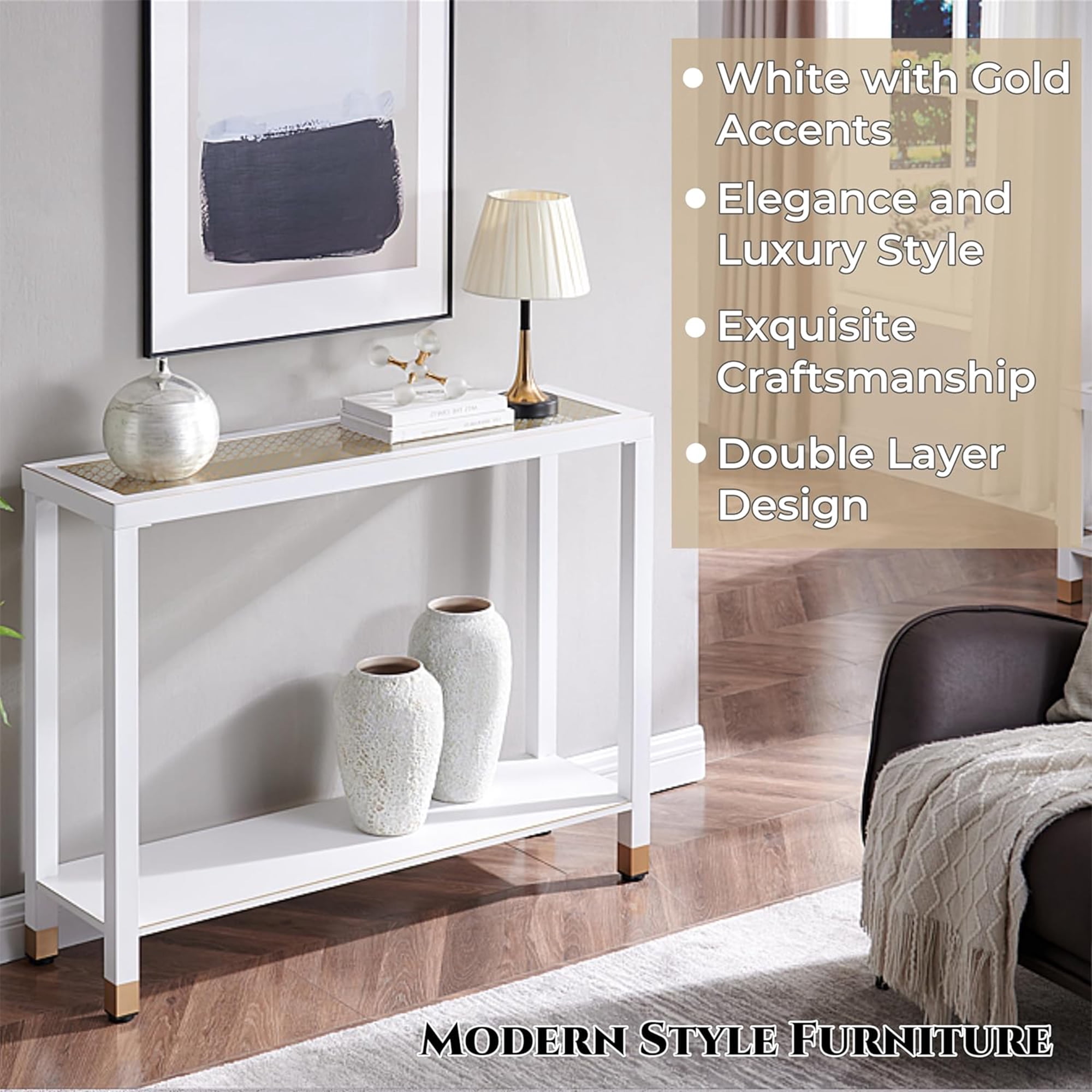 Leumius Glass Entryway Table, 2-Tier Entry Way Console Entrance Table, 41"L Narrow Sofa Table with Shelves for Hallway, Entryway, Living Room, Foyer, Corridor and Office White
