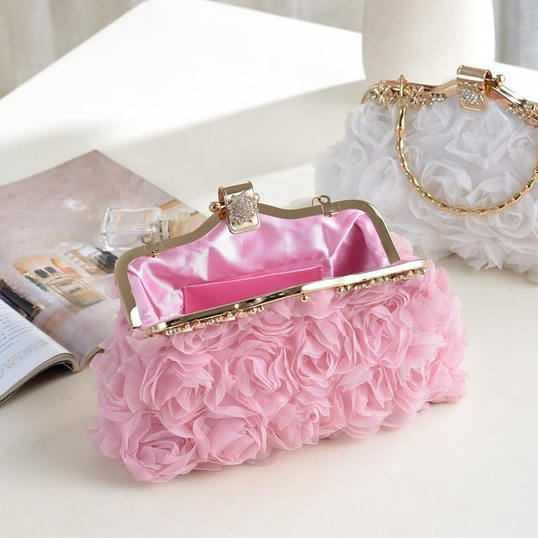 DTTRTHD Floral Lace Evening Clutch Purse, Rose Wedding Handbag with Chain Strap, Bridesmaid Dress Bag, Women's, Size: Small, Beige