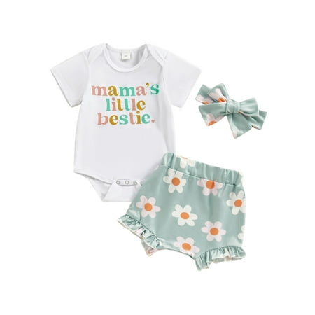 

Qtinghua 3Pcs Newborn Baby Girls Summer Clothes Short Sleeve Letter Print Romper Daisy Print Shorts Headband Set