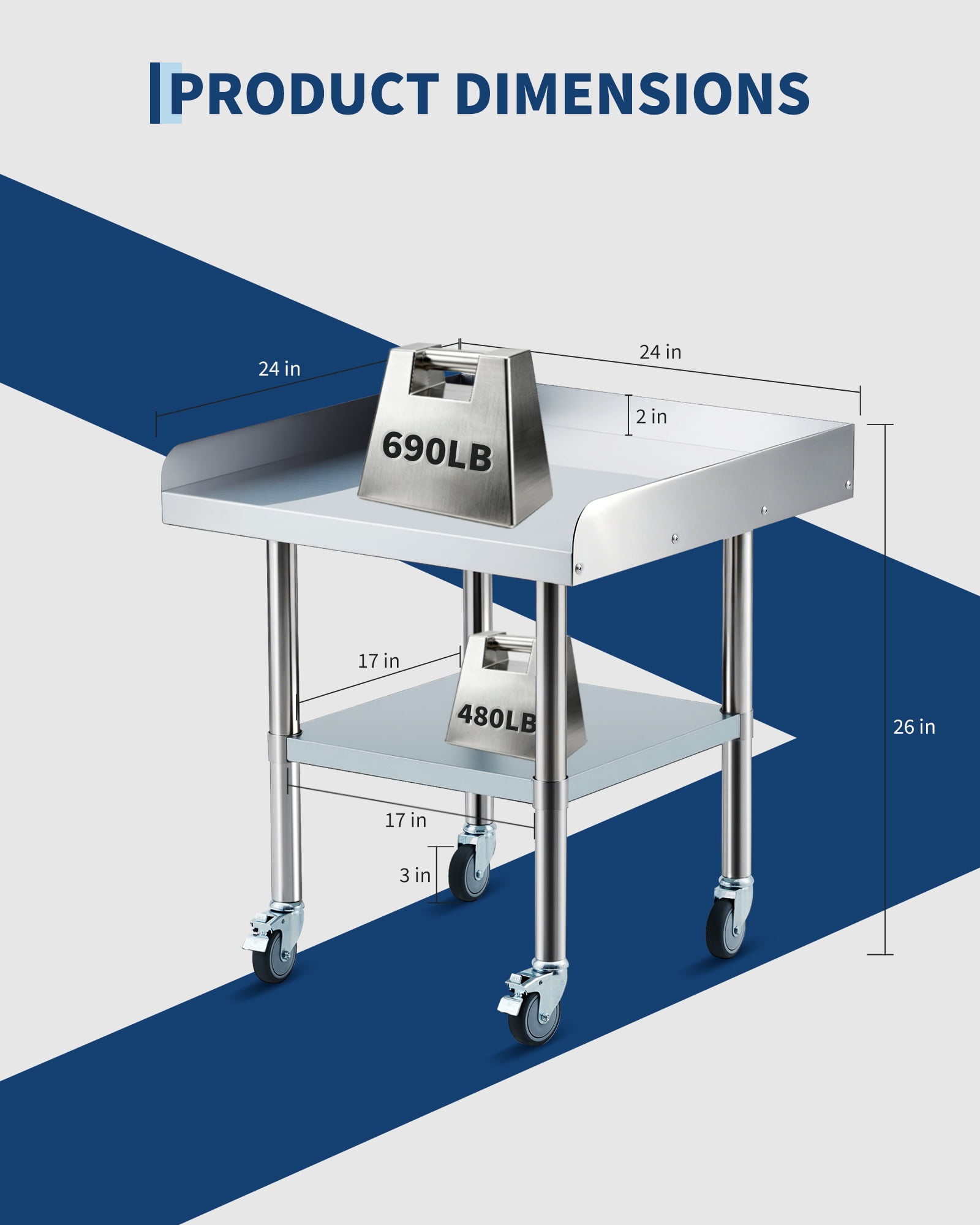 Stainless Steel Work Table with Wheels, Heavy-Duty Commercial Prep Table with Detachable Backsplash & Adjustable Undershelf for Restaurant Garage - 24x24 Inch