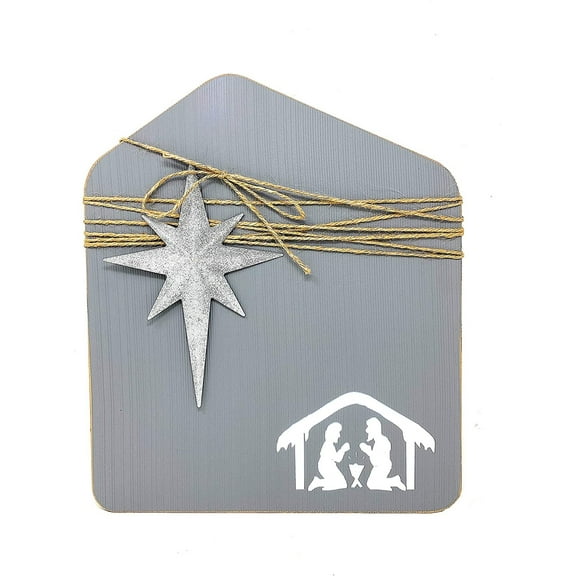 Nativity Christmas Holly Family Wall Rustic Modern Wooden Decor W Silver Metal Star 16" x 13"