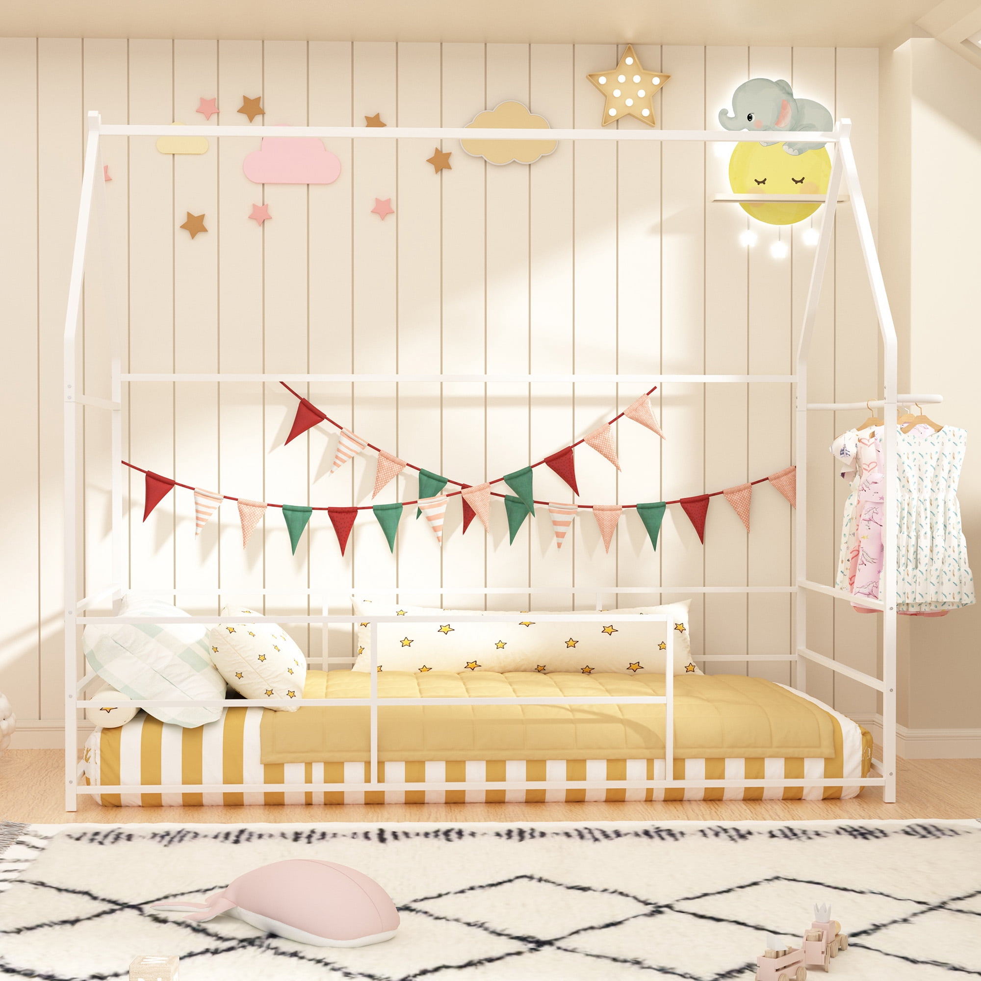 Joywind Twin Montessori Floor House Bed with Headboard, Footboard, Guardrails & Hanging Bar for Kids, Metal Bed Frame