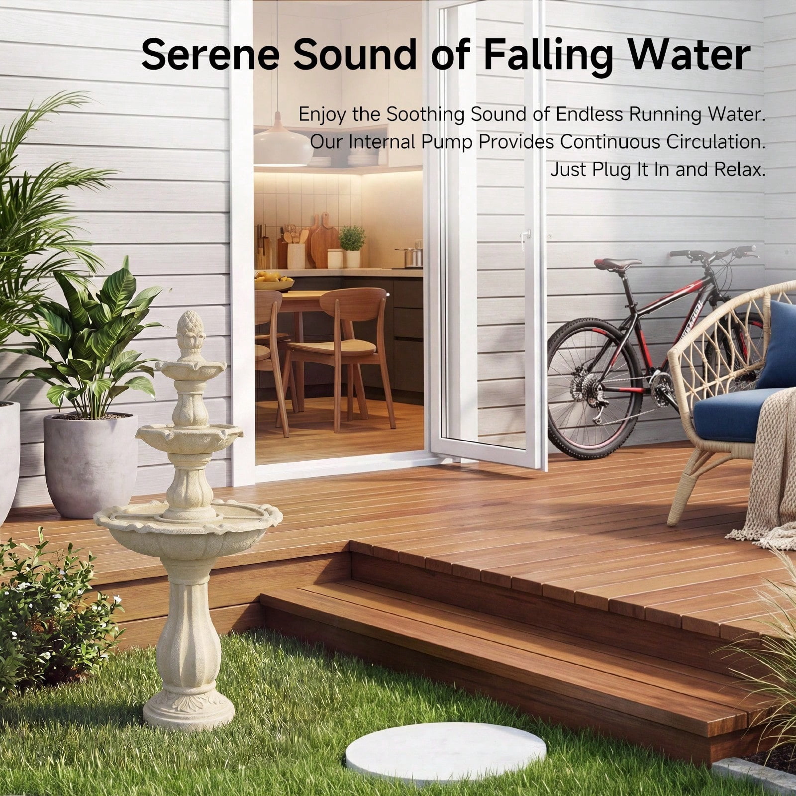50.5 Inch 3-Tier Solar Outdoor Water Fountain, Pineapple Top Pedestal Waterfall with Warm LED Lights, Weather UV Resistant Resin, Low Noise Energy Saving, for for Yard Patio Home Decor