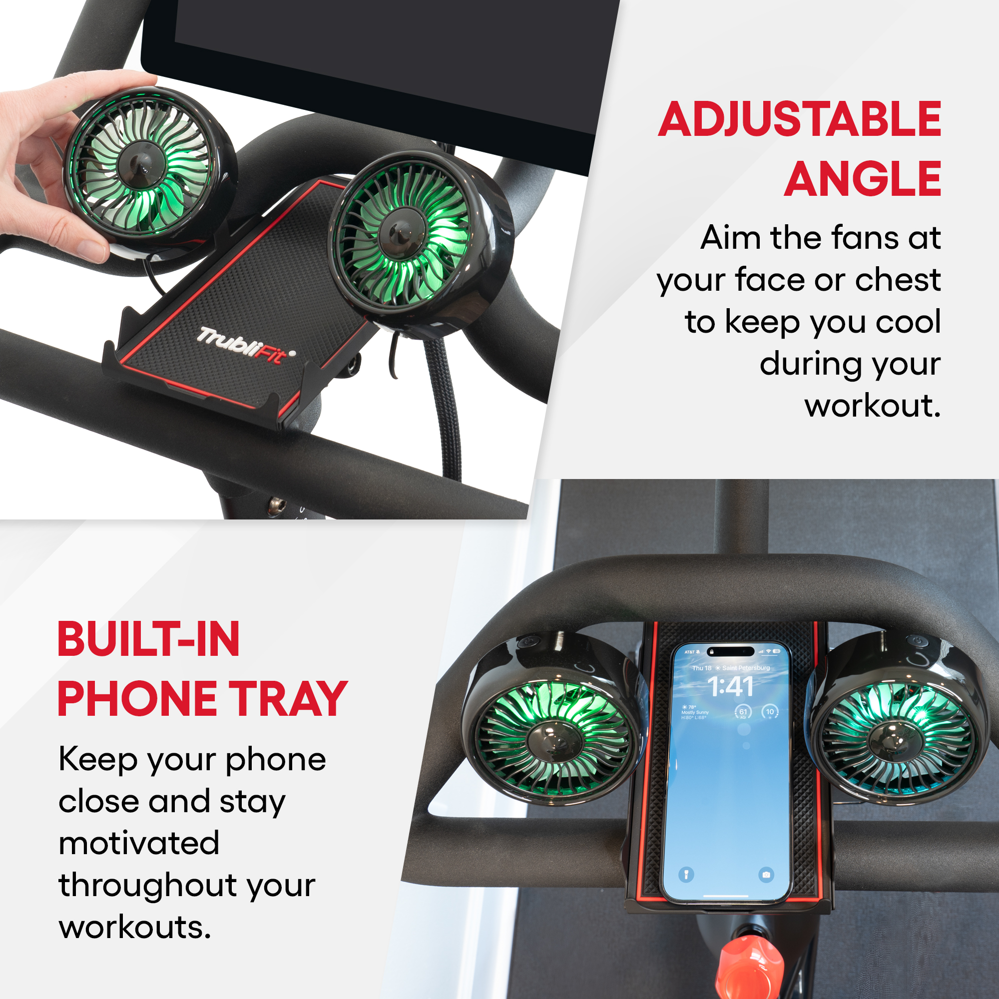 Dual Bike Fans with Phone Tray for Peloton Bike - All-Metal Phone Holder - No Batteries Required - Accessories for Peloton Bike - Compatible with Cross Training Bike