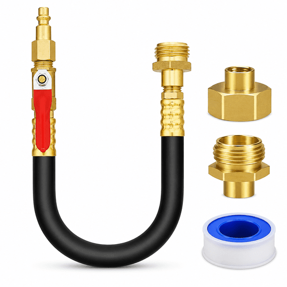 ABPETE RV Winterizing Kit, 16.53 in Flexible Water Line Blowout Adapter with Shut-Off Valve, 180° Bendable Hose and Quick Connect for 3/4 in Garden Hose, Sprinkler, Boat and Camper