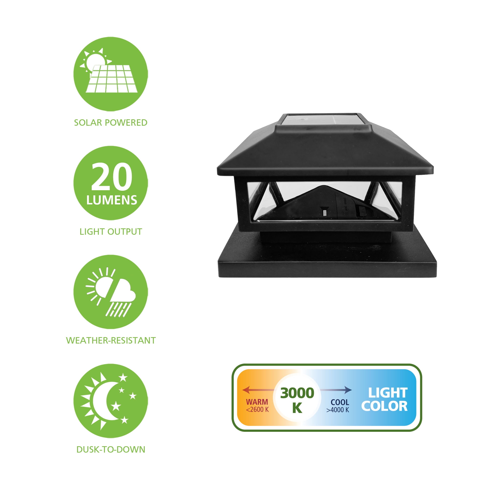 Better Homes & Gardens Nico Solar Powered Black Outdoor LED Deck Post Cap Light, 20 Lumens
