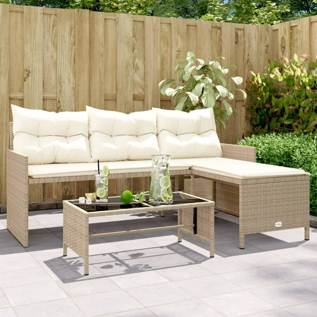 vidaXL Canapé de Jardin avec Table et Coussins en Forme de L Beige en Rotin Poly