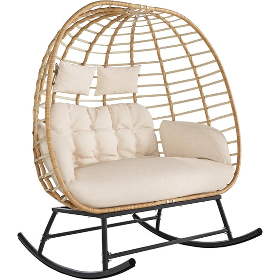Double Outdoor Wicker Egg Chair, 2-Person Egg Swing Loveseat, Beige | Oversized Boho Rattan Sun Lounger with Thick Cushion for Balcony, Porch, Backyard & Indoor Bedroom, 680 LBS Capacity