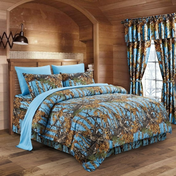 Regal Comfort 8pc King Size Woods Powder Blue Camouflage Premium Comforter, Sheet, Pillowcases,and Bed Skirt Set Camo Bedding Set For Hunters Cabin or Rustic Lodge Teens Boys and Girls