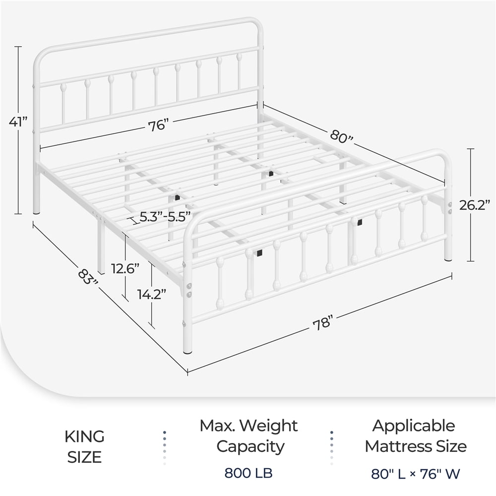 Fullfurnique Classic Iron Platform Bed Frame with High Headboard and Footboard, King, White
