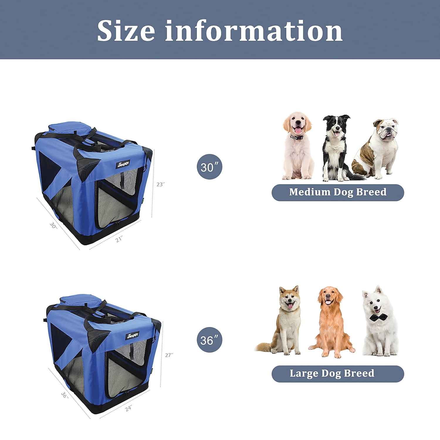 Jespet 3-Door Soft-Sided Folding Travel Pet Crate (Large; Royal Blue), PSC-36BL