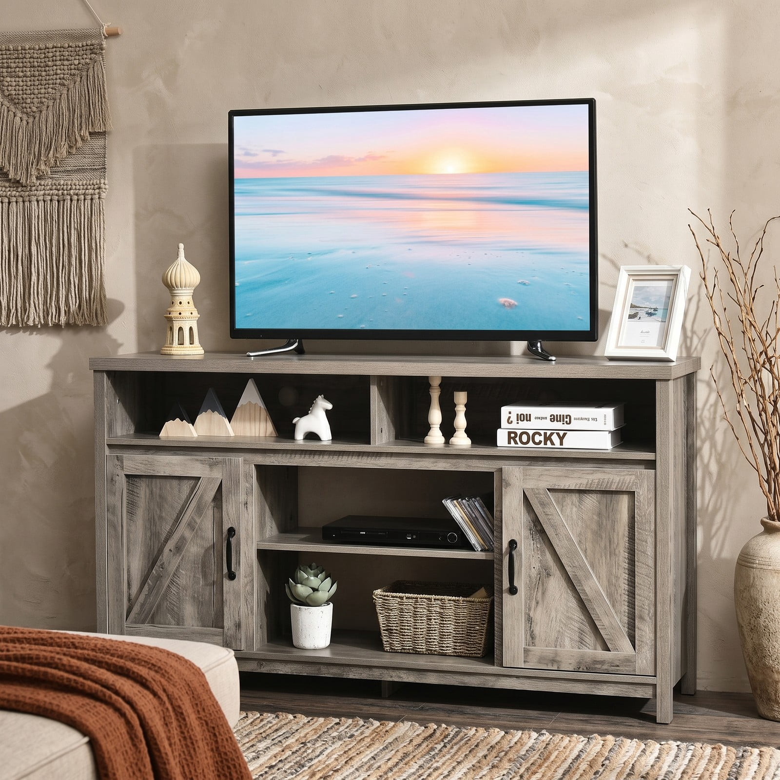 Furnibear 59 Inch TV Stand Media Console Cabinet with Barn Door for 65 Inch TVs, Wood Entertainment Center with Adjustable Shelves and Cable Management, Natural Brown
