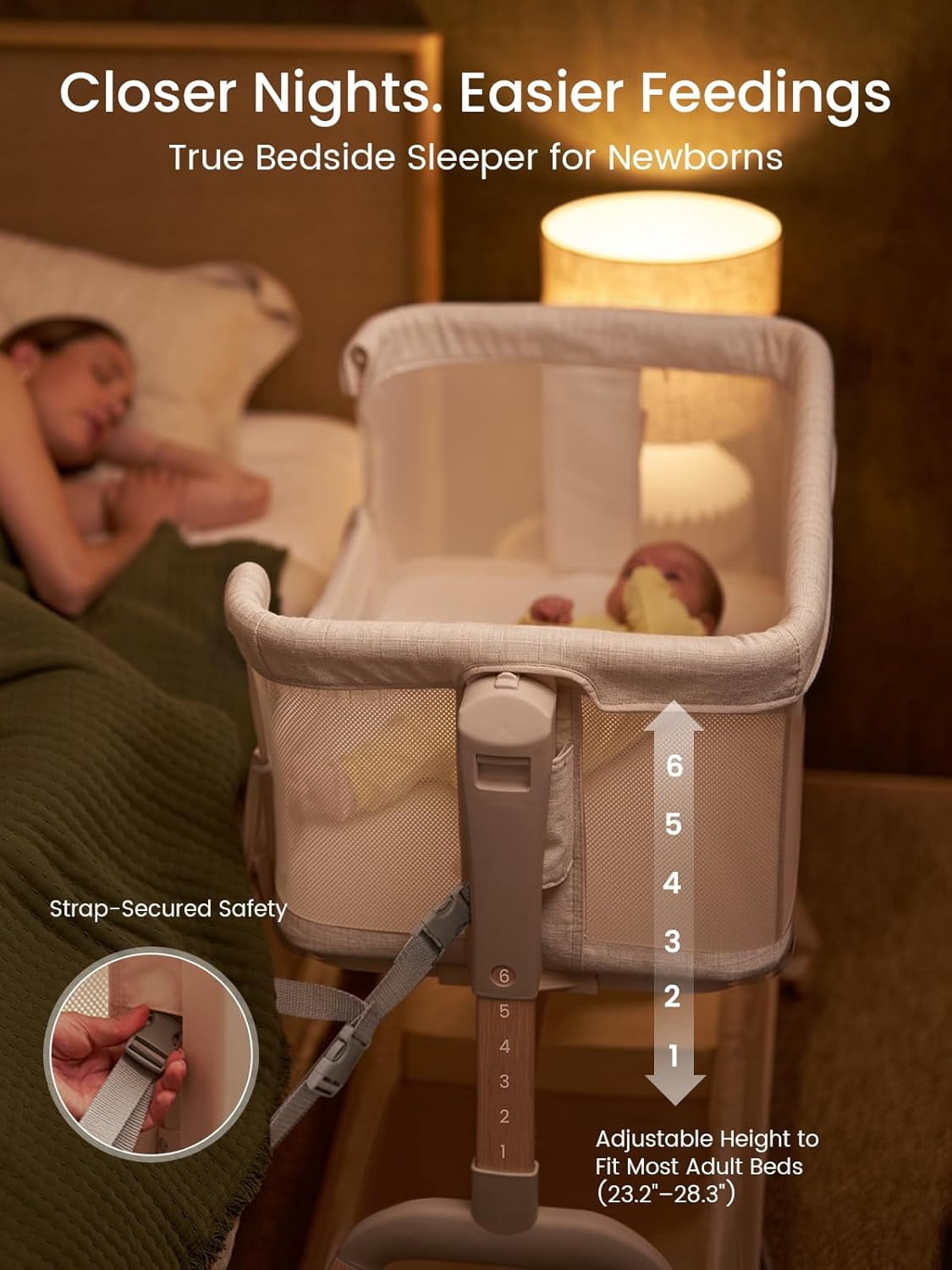 GROWNSY Baby Bassinet Bedside Sleeper with Gentle Rocking Mode, 6 Adjustable Heights, Full Breathable Mesh, Convertible to Portable Crib, Bassinets with Mattress & Wheels, Beige