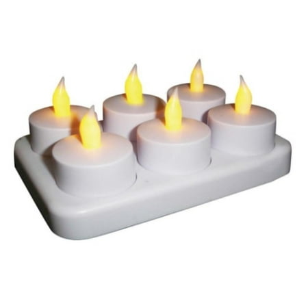 Recharge Station - Pack of 6 White Rechargeable Flameless Tea Light Candles with Recharging Station
