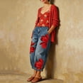 thumbnail image 4 of Textilo Floral Barrel Jeans for Women Wide Leg High Waisted Denim Pant with Pockets Cropped Pants Loose Casual Baggy Trendy Clothes,Red L, 4 of 5