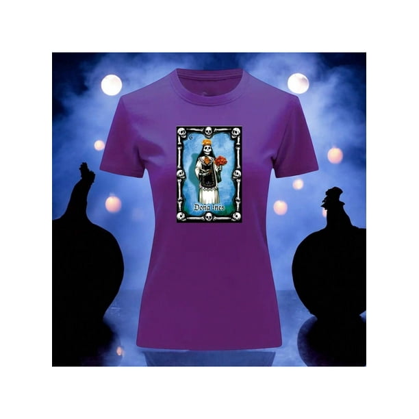 Playera Blusa Con Impresion De Doña Ines De Loteria Dia De Muertos Tradicion Mexicana Color Morado Talla Grande Marca Emil SaEs