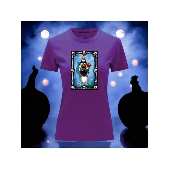 Playera Blusa Con Impresion De Doña Ines De Loteria Dia De Muertos Tradicion Mexicana Color Morado Talla Mediana Marca Emil SaEs