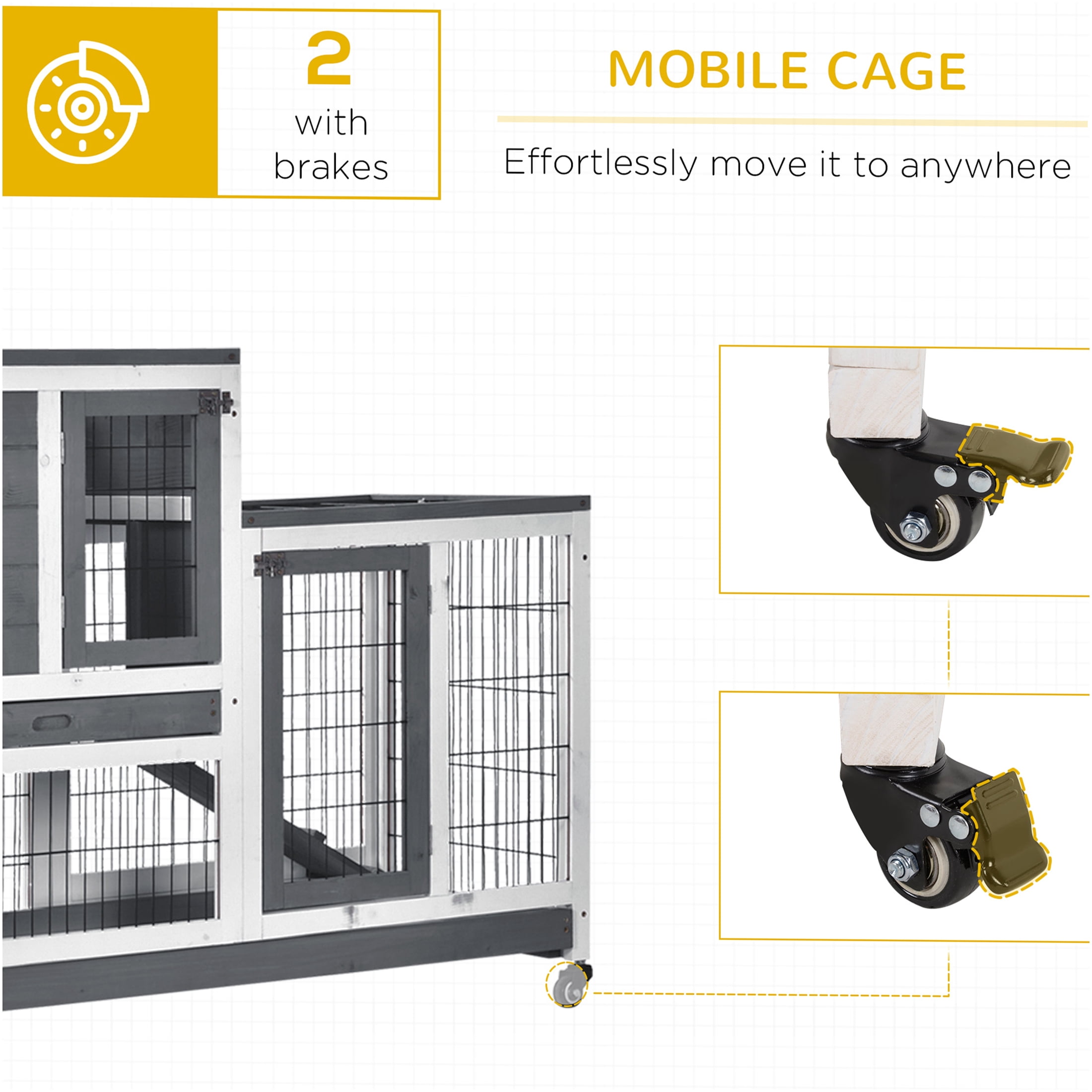 JERFIT Elevated Wooden Rabbit Hutch with Outdoor Run, Wheels & Ramp, Grey Indoor Bunny Cage for Rabbits, Guinea Pigs, Small Animals