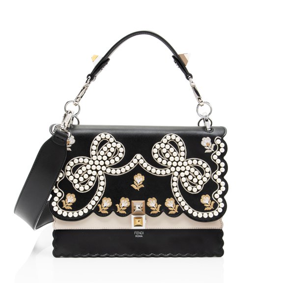 Pre-Owned Fendi Leather Embroidered Flowers and Bows Kan I Medium Shoulder Bag