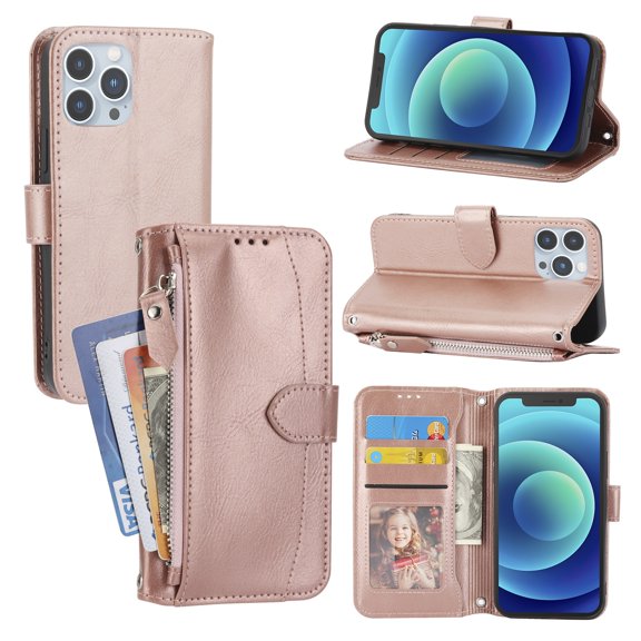 SaniMore for iPhone 14 Pro Max 6.7" Magnetic Flip Wallet Case with Card Slot & Kickstand, Premium PU Leather Case with Wrist Strap Shockproof Protective Case for Women Men, Rosegold