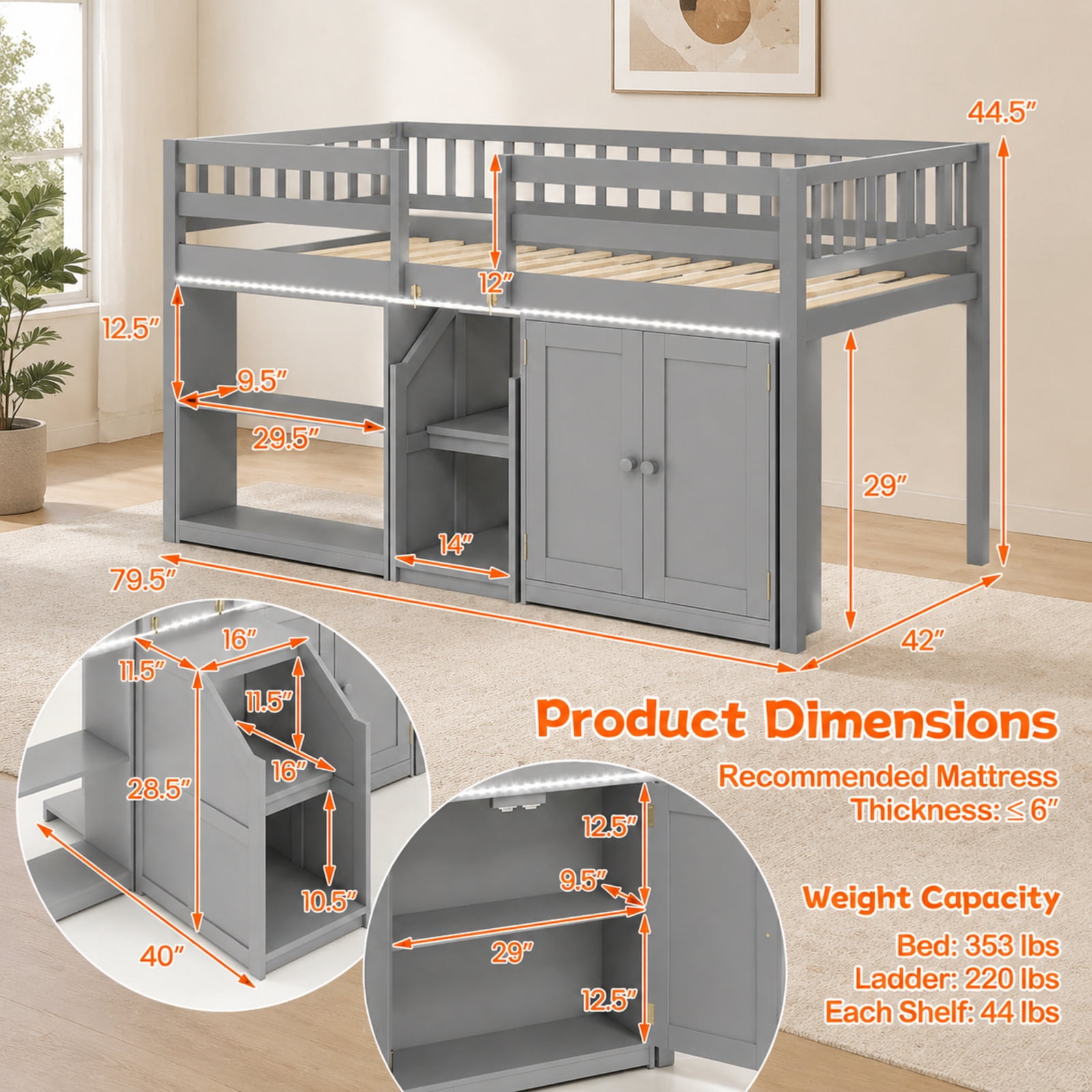 Furnibear Twin Size Loft Bed with Warm White LED Lights Storage Bookcase Cabinet Full Length Guardrails Stairs and 14 Plywood Slats, Gray