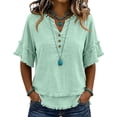 thumbnail image 2 of Womens Fringe Boho Tops Casual Cotton Linen Distressed V Neck Shirts Short Sleeve Gauze Blouses Raw Edge Hem Mint Green S, 2 of 7