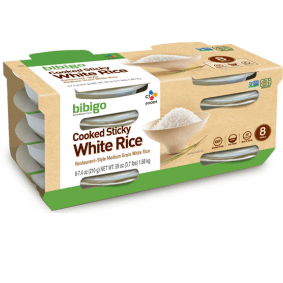 Bibigo Cooked Sticky White Rice 7.4 oz Bowls | Restaurant-Style Medium Grain White Rice Gluten-Free & Low Fat Food in Convenient Microwavable Bowl Quick & Easy Meal Pack of 8