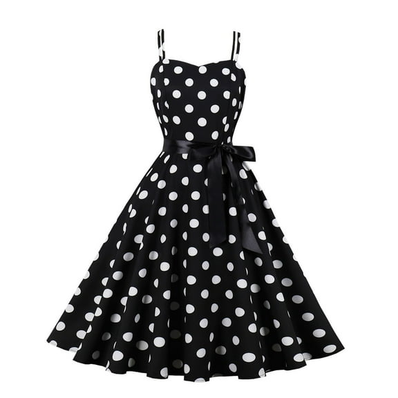 Jdlsppl Women's Summer Midi Dress Casual Polka Dot Vintage 1950s Sweetheart Neck Fit and Flare Knee Length High Waist A Line Pleated Strappy Sleeveless Party Dresses Black 4-6