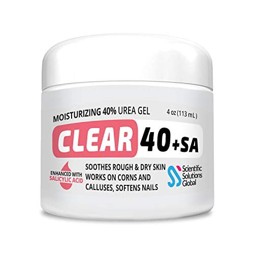 CLEAR 40 +SA, 40% Urea Gel + 2% Salicylic Acid, 4 oz w/Tea Tree & Coconut Oil, Aloe Vera, Callus & Corn Remover Softens Cracked Heels, Feet, Elbows, Hands, Nails, Superior hydration to Urea Cream