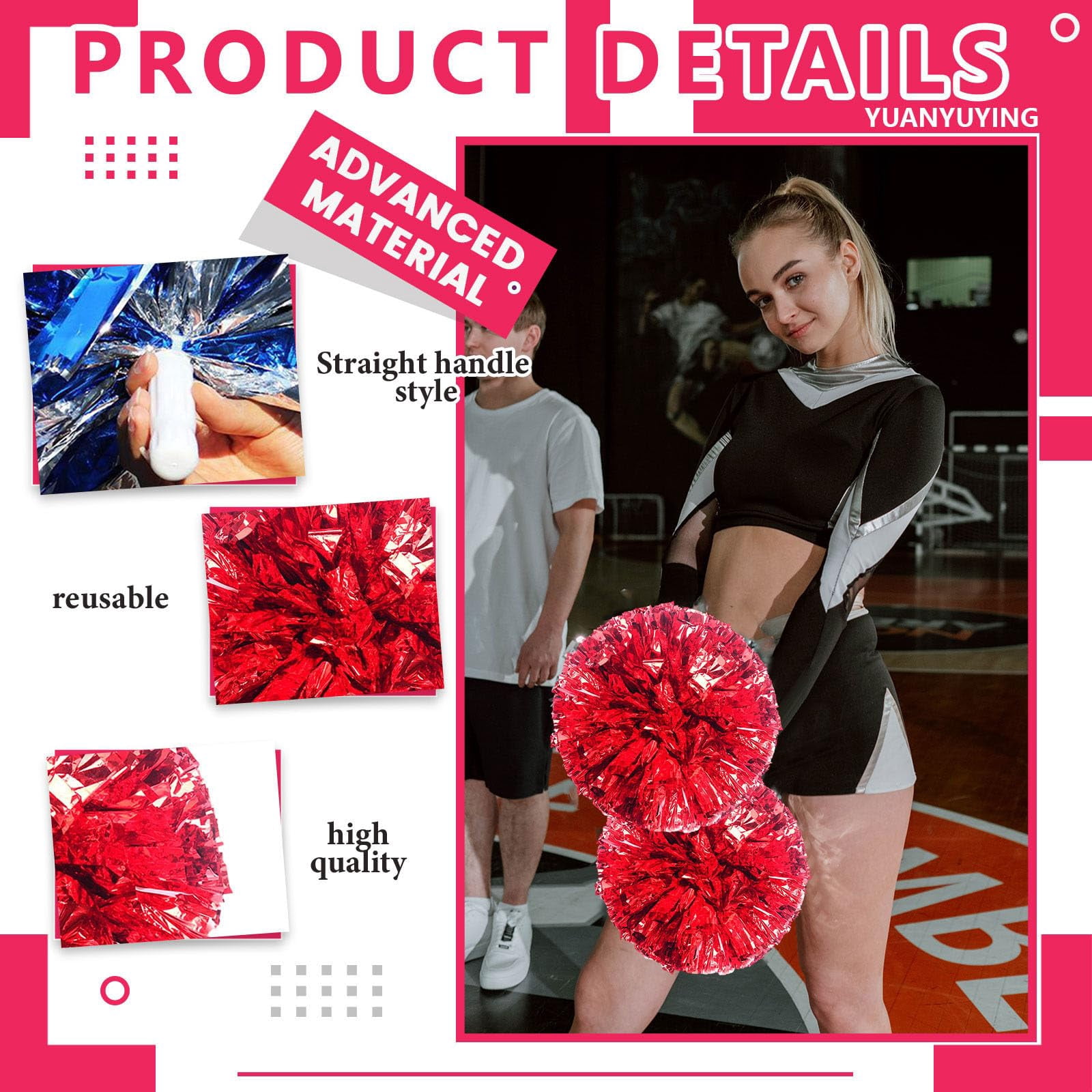 Cheerleading Pom Poms 12 Pcs with Straight Handle, Handheld Squad Pompoms for Sports Team Cheer Spirit Games, Dance Party Adults