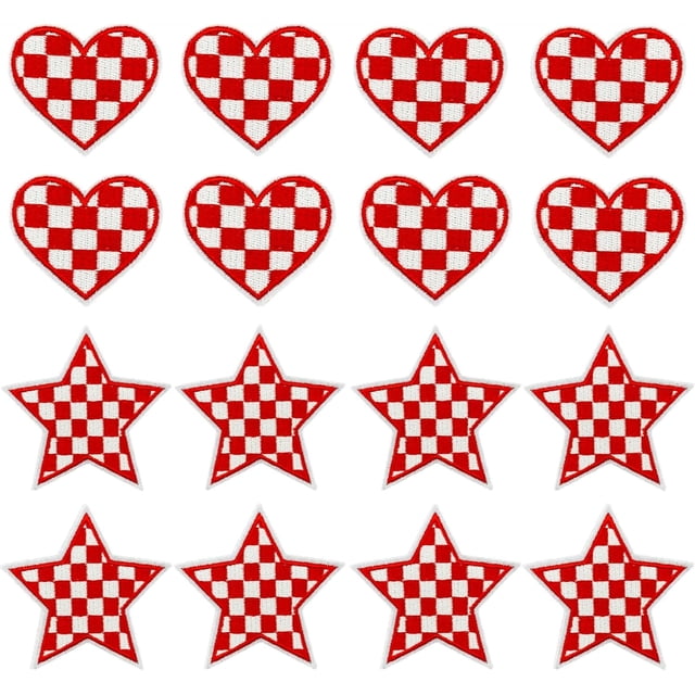 Ensemble de 16 Pcs Cœur&Étoile Western à Carreaux Rouges Brodés Thermocollants, Contient 8 Écussons Cœur et 8 Écussons Étoile, Appliqués à Coudre Brodés Rouges pour Jeans, Chapeau, Robe