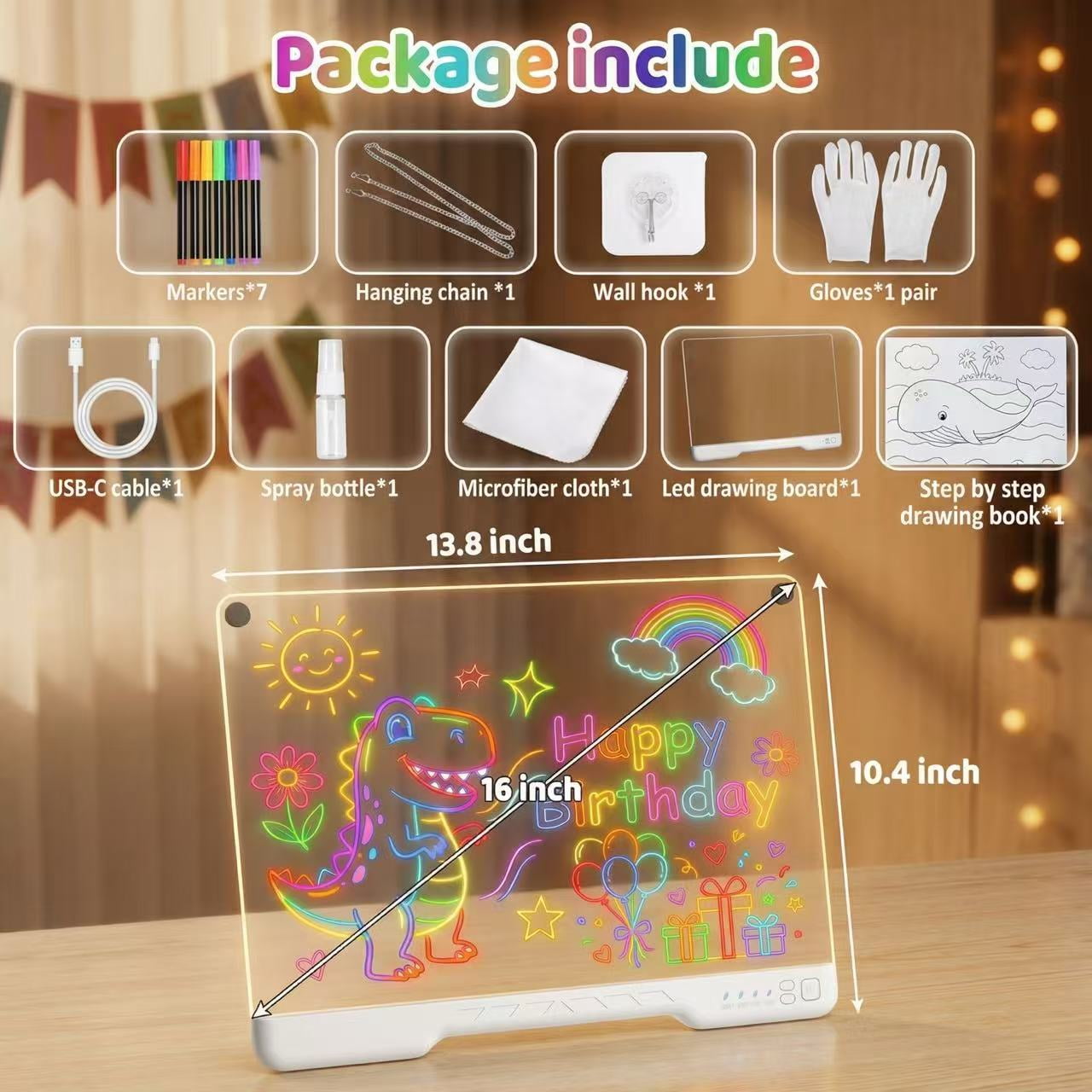 Vonieion 16 inch Rechargeable LED Drawing Board with 7 Markers & 10 Modes, Neon Art Dry Erase Light Up Drawing Pad with Built-in Stand, Sketching Gift Toy for Kids/Girls/Teens