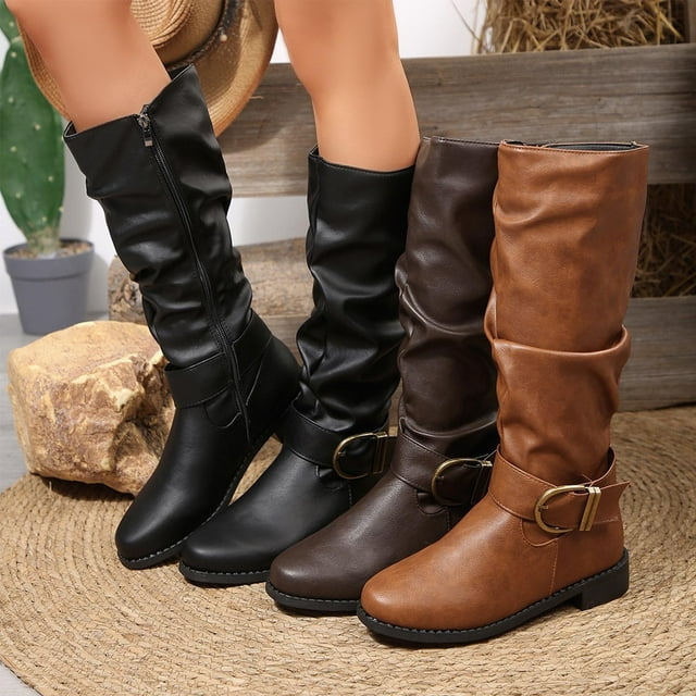 Sentmoon Bottes Cheville pour Femmes Bottes Femme Bottes pour Femmes à la Mode Décontractées d'Hiver Couleur Unie à Boucle Talon Bout Rond Talon Bas Bottes Genou