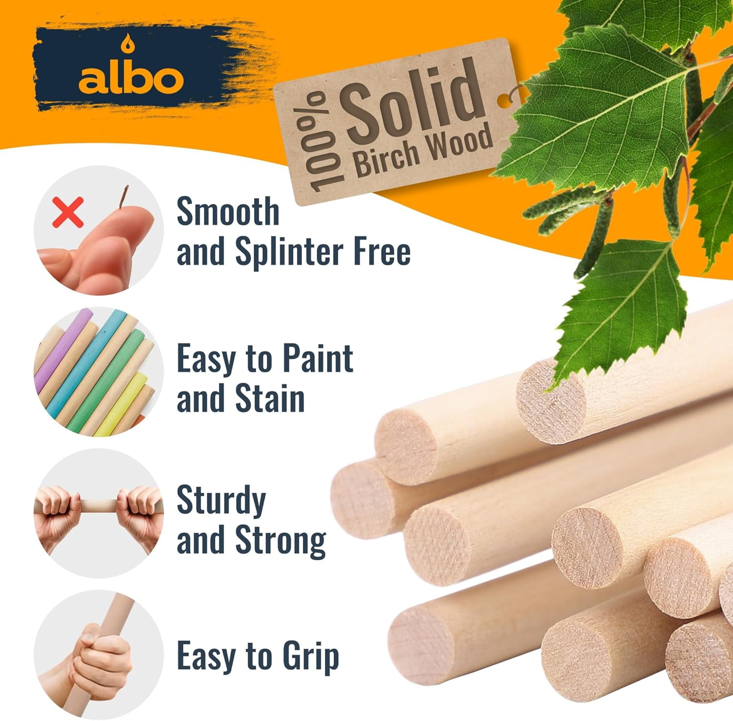 ALBO 1/2" x 12" Wooden Dowel Rods, 25 Piece 25 Pack