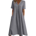 thumbnail image 3 of Taqqpue Women Linen Dress V Neck Short Sleeve Sundress Loose Fit Casual Beach Vacation A Line Dress Solid Color Plus Size Dresses with Pockets for Women, 3 of 7