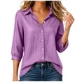 thumbnail image 4 of Women's 3/4 Sleeve Button Down Shirts Lapel Solid Color Cardigan Faux Cotton Linen Casual Loose Comfy Outwear (M, Purple), 4 of 6