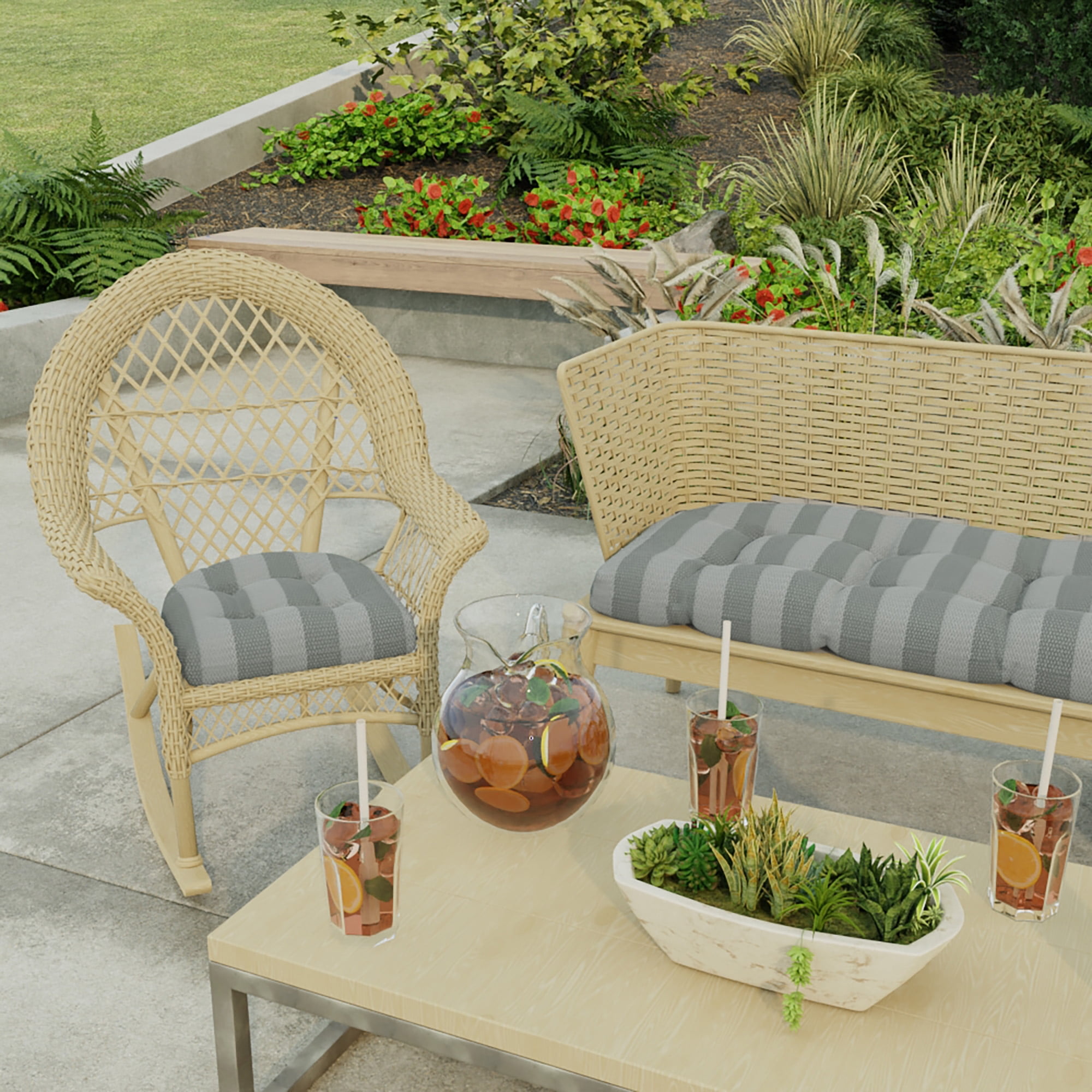 Jordan Manufacturing 19" x 19" Conway Smoke Grey Stripe Square Tufted Contoured Outdoor Wicker Seat Cushion (2 Pack)