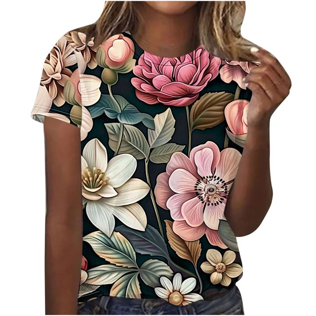 Mode Femme Été Décontracté Imprimé Col Rond Manches Courtes T-Shirt Blouse Deals Chaud