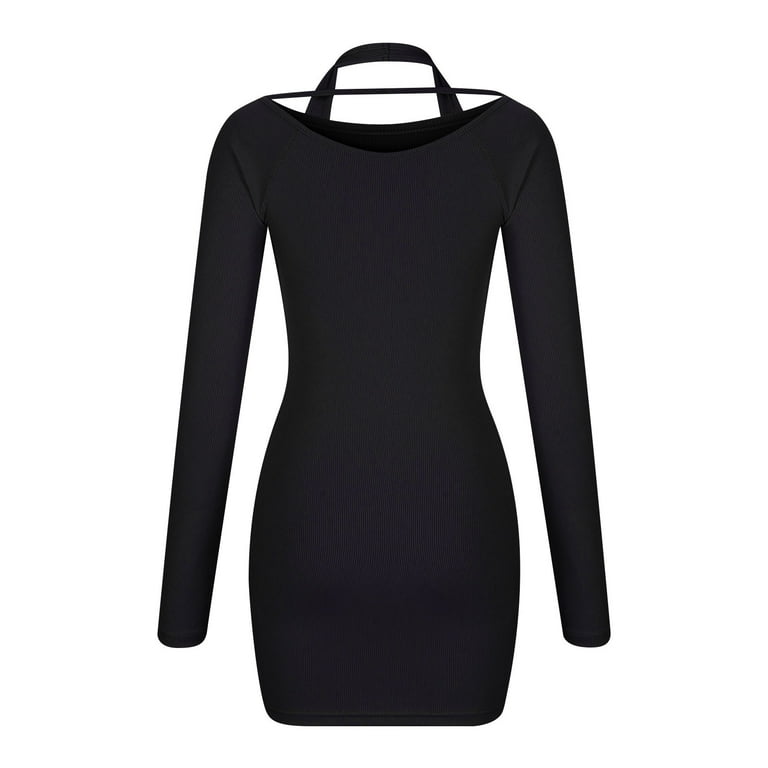 Dresses for Women Long Sleeve Cold Shoulder Stretch Mini Tight