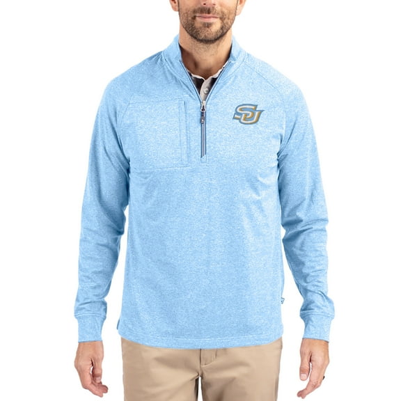 Women's-Cutter & Buck  Heather Blue Southern University Jaguars Adapt Eco Knit Stretch Recycled DryTec Raglan