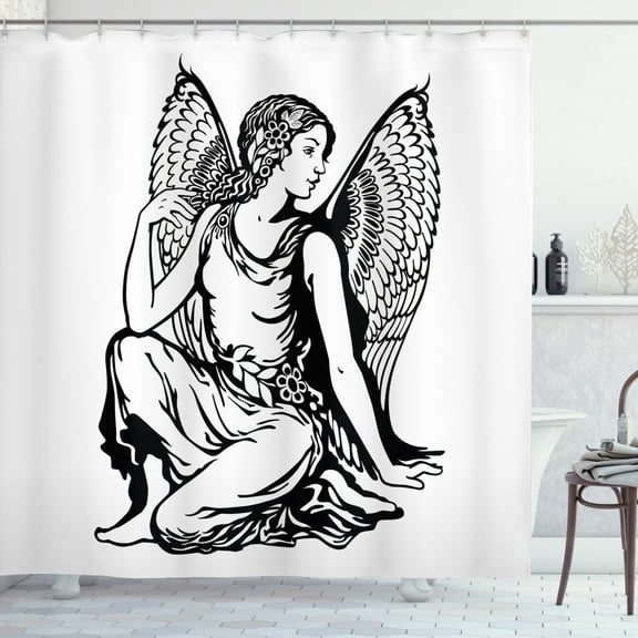 Ambesonne Fantasy World Shower Curtain, Character with Wings, 69"Wx70"L, White and Black