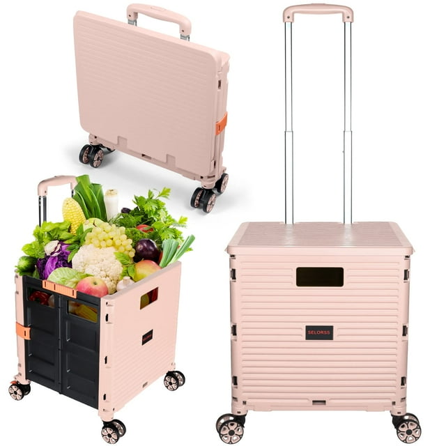 Chariot Utilitaire Pliable Caisse Roulante Portable Chariot à Main Chariot de Magasinage Pliable 4 Roues Pivotantes avec Poignée Télescopique en Plastique Durable et Robuste pour Voyage Magasinage Déménagement Rangement Usage au Bureau